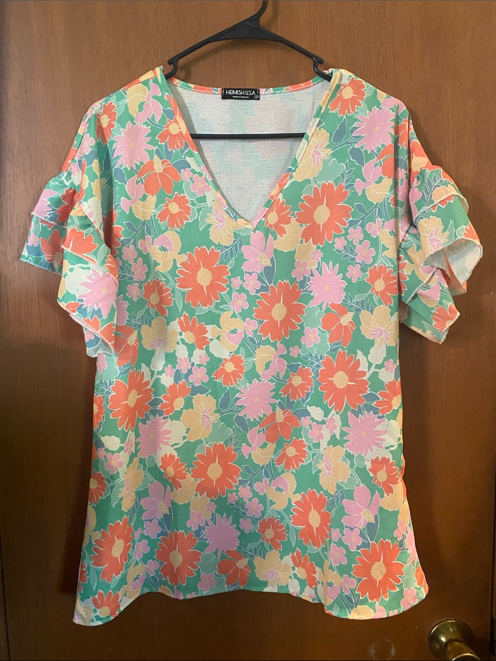HEIMISH USA Mint Floral V-Neck Blouse with Coral and Pink Flowers